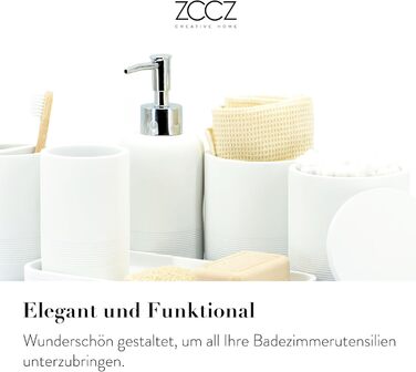 ZCCZ 4-Piece Bathroom Accessories Set, Black, with Soap Dispenser, Toothbrush Holder, Bathroom Tumbler, and Vanity Tray, Decorative Countertop Organizer (New White)