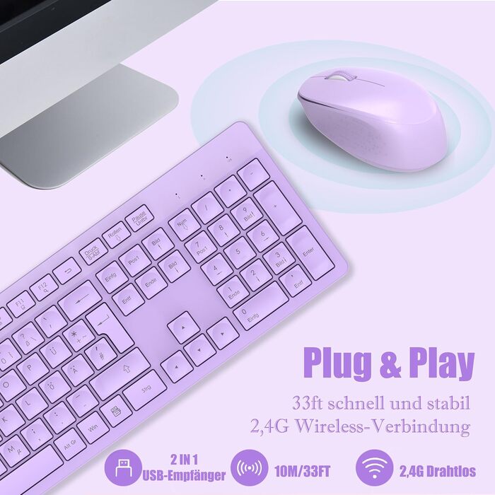 Бездротовий комплект клавіатури та миші Leadsail K786 з цифровою клавіатурою QWERTZ (Німецька) - тиха клавіатура, 2.4 GHz, USB Nano приймач для ПК/ноутбука (фіолетовий)