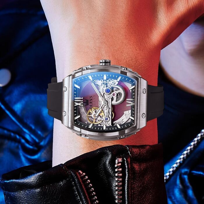 Чоловічий скелетон годинник OLEVS автоматичний, розкішний годинник зі сталевим браслетом, водонепроникний, з календарем та підсвіткою (Срібно-чорний)