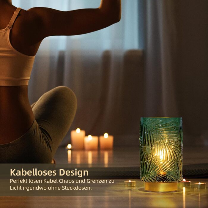 LED настільна лампа MJ PREMIER з акумулятором, торшери з USB зарядкою, диммування, скляна основа, декоративне освітлення, аварійна лампа (зелена)