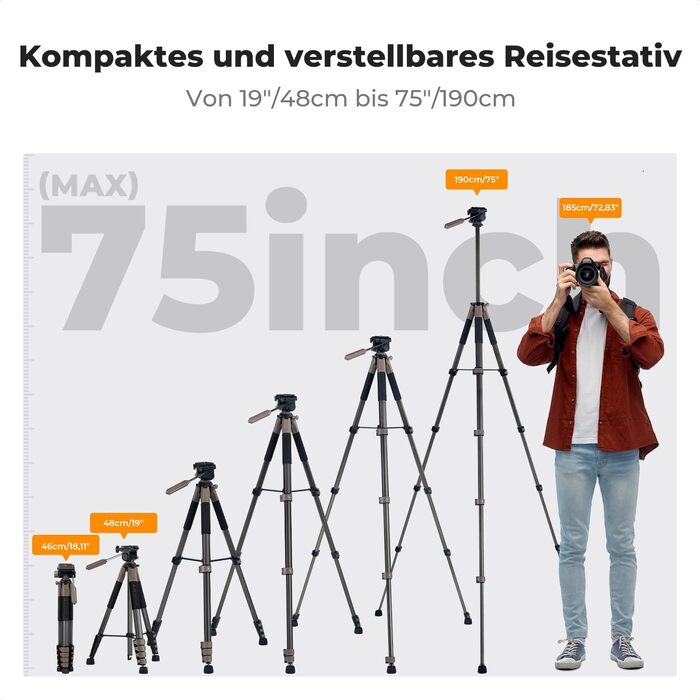 Штатив K&F Concept S255A3+BV01: Легкий штатив з сумкою, для камери/DSLR/Camcorder, з підтримкою смартфонів (190см, сірий)