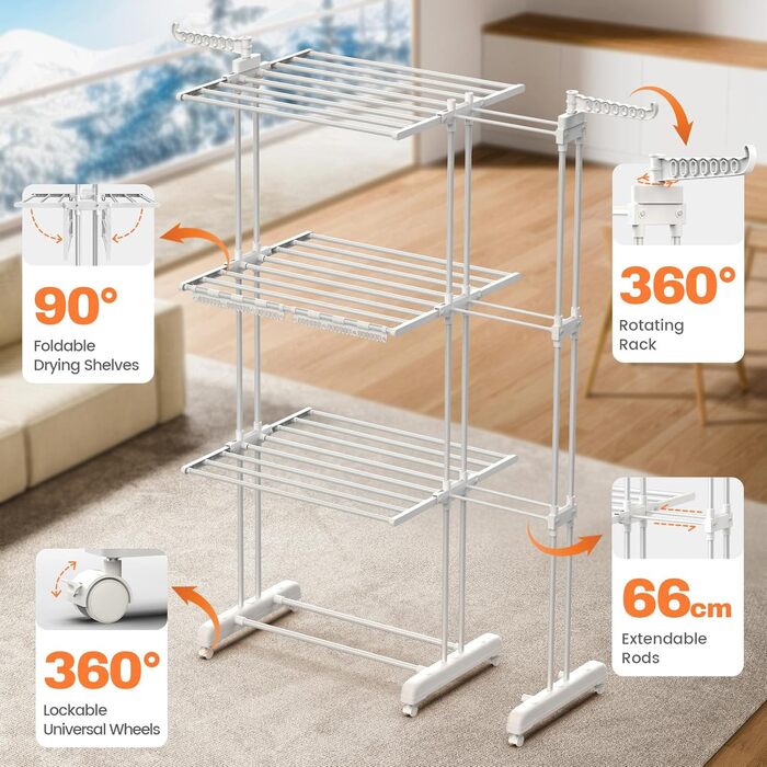 Сушарка для білизни Huracan 2в1: тур, розкладна, висувна, 3 яруси, з тримачами для шкарпеток та білизни (біла)
