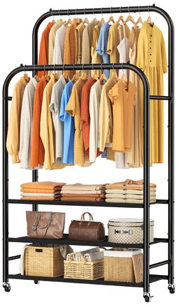 Вішалка для одягу HOMIDEC з 3 полицями, подвійна штанга на колесах, металевий каркас, чорна. Макс. навантаження 80 кг