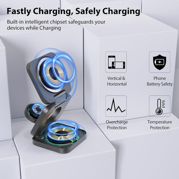 Зарядна станція KU XIU X55 15W MagSafe 3-в-1: для Apple Watch, iPhone 17-12, AirPods + USB-C 30W адаптер, сіра, складана, магнітна