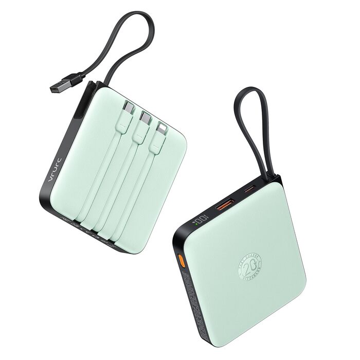 Power Bank VRURC 20000mAh з кабелем USB-C 22.5W QC3.0 Швидка зарядка Зовнішній акумулятор для iPhone, Huawei, Android (Зелений)