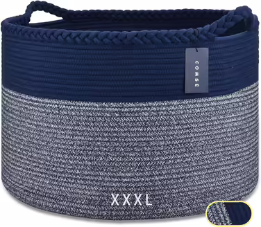 COMSE Extra Large Ceiling Basket, Woven Laundry Basket, 55 x 35 cm, Kids' Room, Cotton Rope, Laundry Basket, Living Room, for Storing Toys, Clothes, Towels, Black/Gray (Navy Blue)