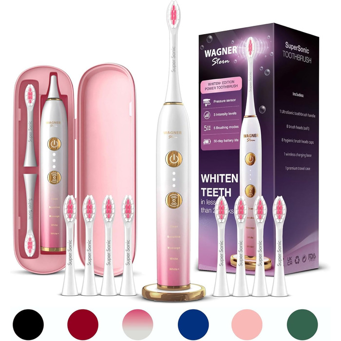 Електрична зубна щітка Wagner Stern WHITEN+ Edition з датчиком тиску. 5 режимів чищення, 3 рівні інтенсивності, 8 насадок, преміум-чехол (Magnolie)