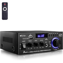 HiFi підсилювач WOOPKER AK45 Pro, 500 Вт, Bluetooth, 2-канальний, стерео, міні аудіо ресивер з FM-радіо, USB/SD/AUX/RCA/MIC входами, 12В/220В для колонок