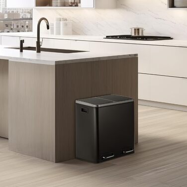 Відро для сміття LIFERUN з двома відсіками, 2 x 15 літрів, металеве, з м'яким закриттям кришки, знімний внутрішній відро, ручки, відро з педаллю, для квартири, маленької сім'ї (Чорний)