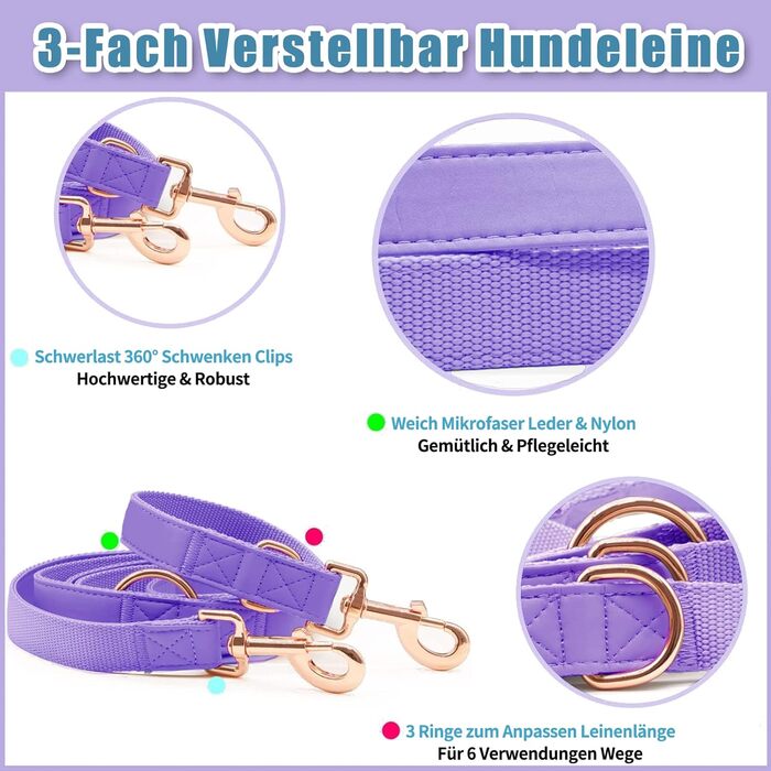 Набір повідка та нашийника для собак з м'якої шкіри, 2 м, 3-х рівневе регулювання, стильна рожева металева застібка, нейлонові повідки для цуценят, собак маленьких, середніх та великих порід, S (XS (обхват шиї 20-30.5 см, ширина 1.5 см), фіолетовий)