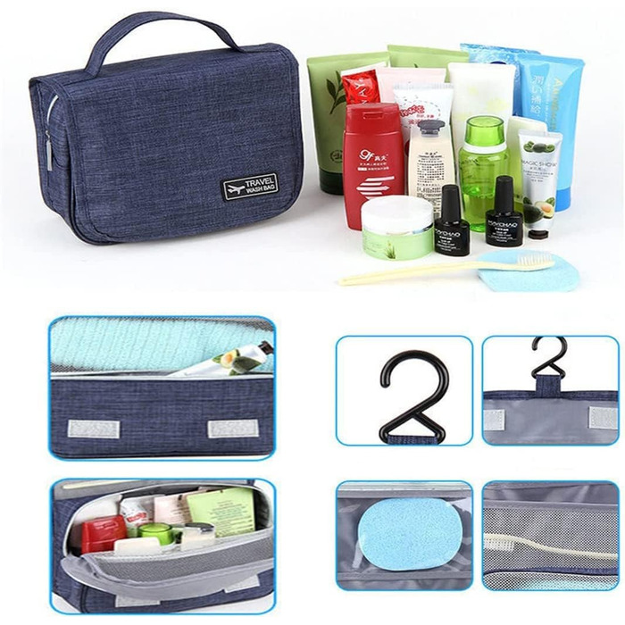 Сумка-органайзер для подорожей, сіра (блакитна), з металевим гачком та багатьма відділеннями