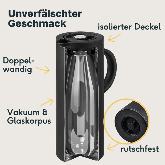 SILBERTHAL Thermos Flask 1L Stainless Steel - Double-Walled Insulated Flask Keeps Drinks Warm for 12h & Cold for 24h - With Twist-Lock Closure & Glass Insert - Modern Coffee Pot in Matte Black