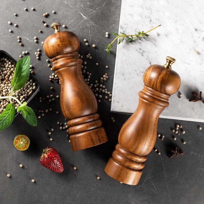 Bill.F Salt and Pepper Grinder Set, Wooden Pepper Grinder 2-Piece Set Manual Salt and Pepper Shakers Grinder Refillable 7 inches with Adjustable Ceramic Grinding Rotor