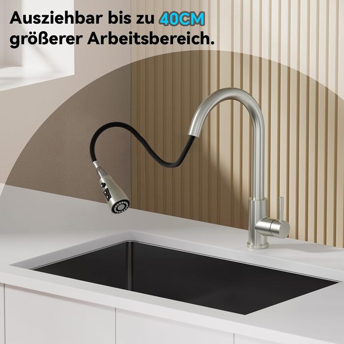 Чорний кухонний змішувач SEMANEY з витяжною лійкою, 3 функції, поворотний на 360°, з нержавіючої сталі (щіткова обробка)