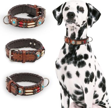Ошийник для собак MICHUR Carlota, шкіряний, коричневий, з бірюзовими каменями, різні розміри (24-28,5 см)