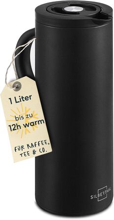 SILBERTHAL Thermos Flask 1L Stainless Steel - Double-Walled Insulated Flask Keeps Drinks Warm for 12h & Cold for 24h - With Twist-Lock Closure & Glass Insert - Modern Coffee Pot in Matte Black