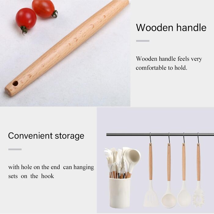 Набір кухонних аксесуарів 12 шт. з силікону з дерев'яними ручками, термостійкий антипригарний набір посуду: щипці, лопатки, ложки. Бежевий колір