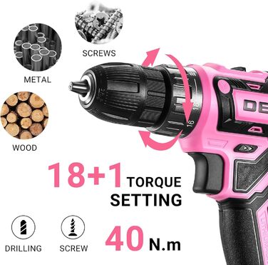 DEKOPRO 20V Акумуляторний шуруповерт-дрель з набором 30 предметів: 18+1 ступенів крутного моменту, 40Nm, рожевий, з акумулятором та зарядним пристроєм