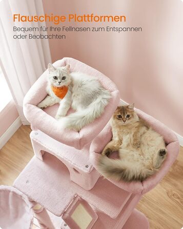 Кігтеточка Feandrea для котів, 206 см, XXL, з 13 кігтеточками, 2 платформами, 2 хованками, кошиком, помпонами, багатоярусна, плюшеве покриття, для дому, кремово-білий колір