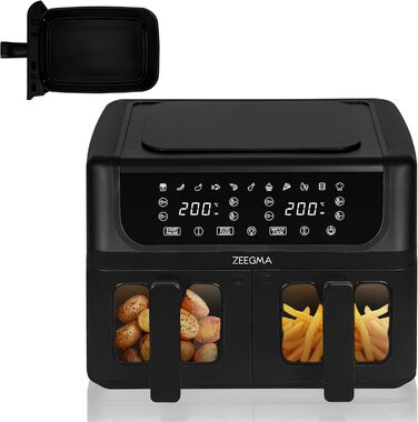 Фритюрниця з гарячим повітрям ZEEGMA KNAPPER DUAL, 1700 Вт, 2 відсіки, 9 л, таймер 60 хв, 11 програм, 60-200 °C, швидкий нагрів, сенсорне керування, чорний