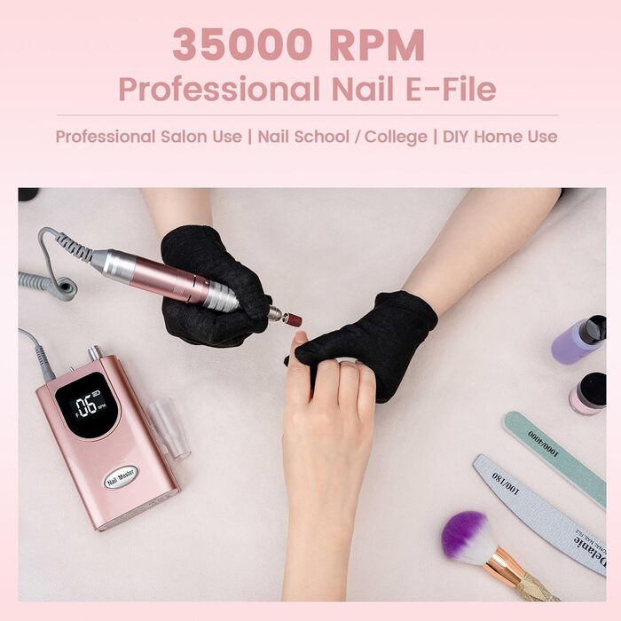 Електричний фрезер для нігтів Delanie 35000 об/хв: набір для манікюру з насадками, регулювання швидкості та напрямку, рожеве золото