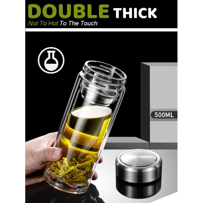 Double-walled glass tea bottle 1 liter with 2-in-1 stainless steel strainer to go, 1000ml large volume, tea bottle 100% leak-proof 1 l (500ml (Anytime))