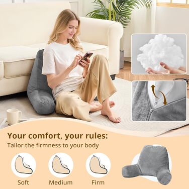 Підкова для читання Sasttie, плюшеве спинне крісло для ліжка, спинка для дорослих, з підлокітниками для дивану, софи та підлоги, ідеально для гуртожитків, аксесуар для читання, темно-сірий, стандартний розмір