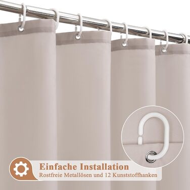Штора для душу EurCross 180x200 см, текстильна, водонепроникна, бежева. З антигрибковим покриттям, машинне прання, з 12 кільцями