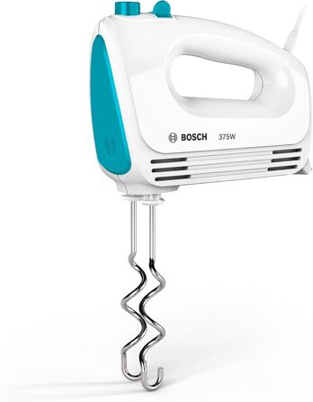 Міксер Bosch CleverMixx MFQ2210D: 2 вінчики, 2 гаки, нержавіюча сталь, 375W, 4 швидкості, білий/блакитний