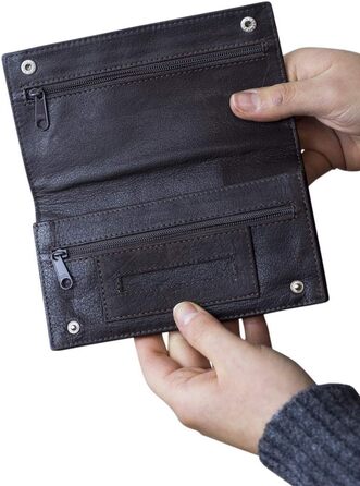Biker Tobacco Pouch with Chrome Chain Tobacco Bag Rolling Pouch LEAS in Genuine Leather, Dark Brown - LEAS Special Edition