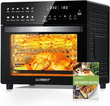 Електрична аерофритюрниця та міні-піч LLIVEKIT 26 л, 1700 Вт, 12 програм, з LED-дисплеєм, функціями попереднього нагріву, підтримки тепла та розігріву, з кулінарною книгою, чорна