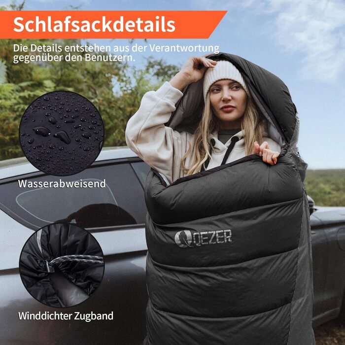 Спальний мішок пуховий, зимовий, 600FP+, 12°C/-24°C, легкий та теплий, для 3-4 сезонів, кемпінг, трекінг, чорний