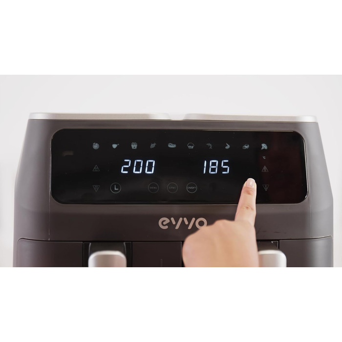 Фритюрниця EVVO без олії, 6 л, 1700 Вт, антипригарне покриття, Dual-Cyclon технологія, багатофункціональна, для випікання, дегідратації, розморожування, до 200°C, автоматичне вимкнення, білий колір