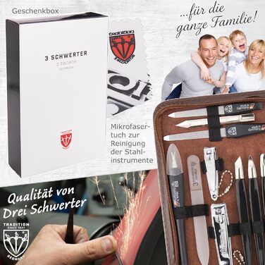 Набір манікюру та педикюру Drei Schwertter 'Cinisello' 16 предметів | Коричневий кейс з якісної шкірозамінник для догляду за руками та ногами. Вміст: ножиці для нігтів, кусачки, пінцет та багато іншого