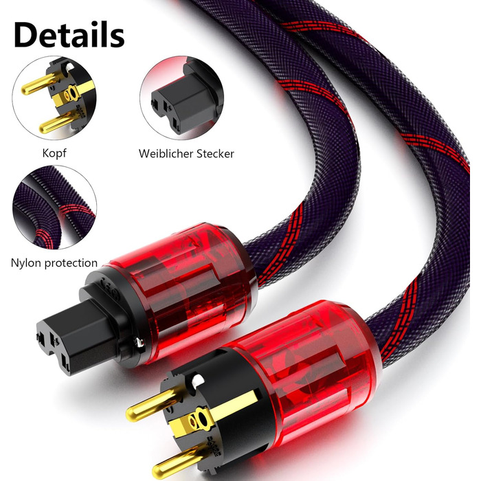 Професійний силовий кабель Profi-Stromkabel 4N OFC (1м) з роз'ємами Schuko та C15, 24K золоте напилення, EMV-екранування для Hi-Fi підсилювачів та CD-плеєрів