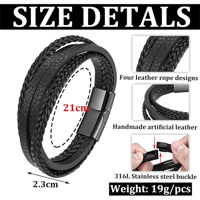 Чоловічий шкіряний браслет, чорний, коричневий, синій, плетіння, 21 см, подарунок для чоловіків, браслет для тата, День батька