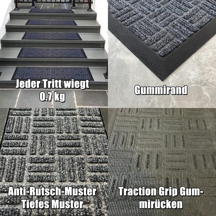 Гумові килимки на сходи AuCUDA 6 шт, 76x22 см, зовнішні, антиковзкі, стійкі до погодних умов, сірі смужки