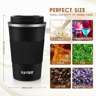 Термокружка KETIEE 380мл з нержавіючої сталі, 13oz, з кришкою, для кави з собою, чорна