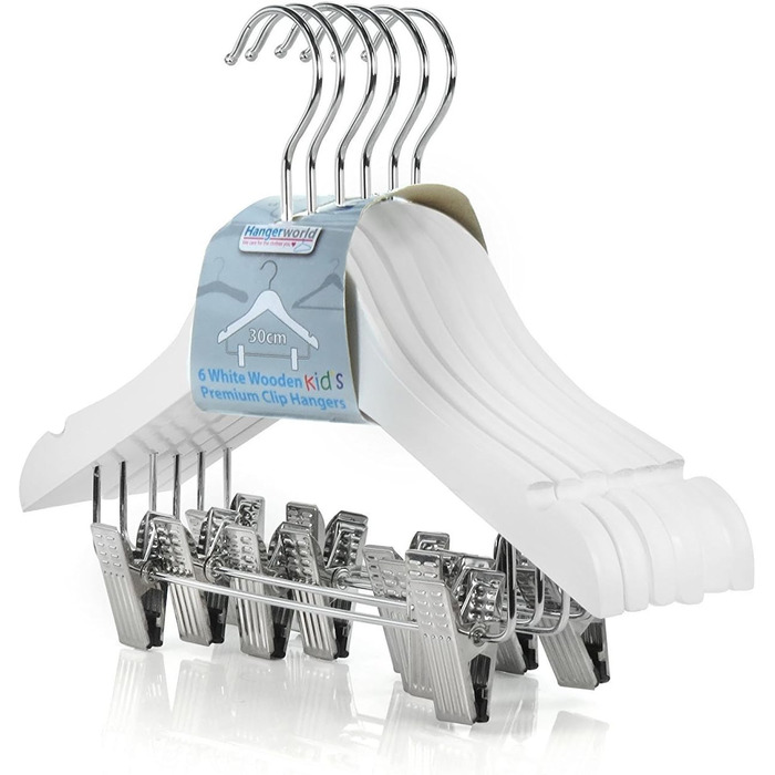 Дерев'яні вішалки для дитячого одягу Hangerworld з кліпсами (30см, білі) - 6 шт.