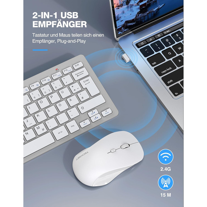 Бездротова клавіатура та миша TECKNET QWERTZ, 2.4 GHz, 15м, тиха, для ПК, ноутбука, Smart TV, білий/сріблястий