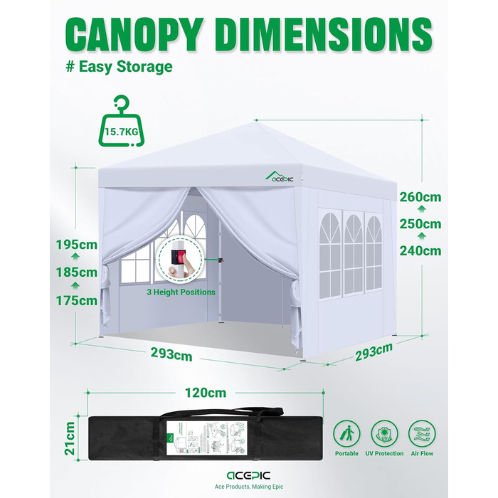 One-Touch Pop-Up Pavilion 3x3 Waterproof, Stable, Winter-Proof with Side Walls, Folding Pavilion with Thickened Tubes, for Garden, Party, Camping, Outdoor, Steel Frame, with 4 Side Walls, Dark Grey (Grey)
