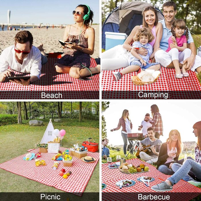 Плед для пікніка LIVEHITOP водонепроникний XXL, великий пляжний плед, складаний килимок для пікніка з ручкою для транспортування, для кемпінгу, парку, барбекю (150 x 200 см, червоно-клітинчастий)