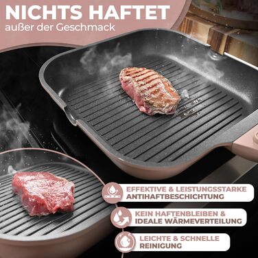 Гриль-сковорода NEU 28 см з виливом та знімною ручкою, антипригарна, без PFOA, для індукції, жаростійка, рожева