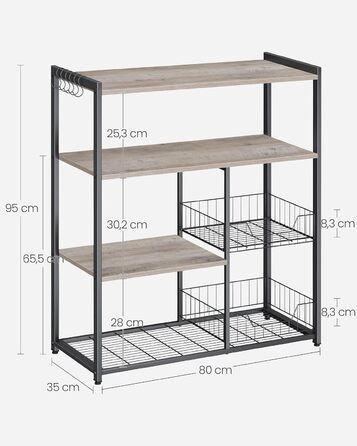 Стелаж кухонний VASAGLE з 2 металевими кошиками, бакалійний стелаж з гачками та полицями, для мікрохвильової печі, 35 x 80 x 93,5 см, золотий дуб + чорний