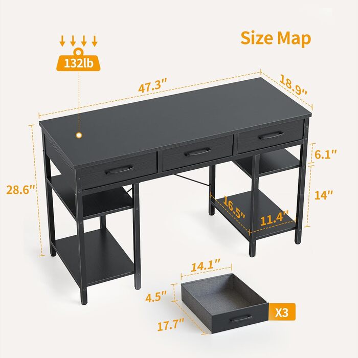 CubiCubi 120x50cm Desk with 3 Drawers & 4 Shelves - Home Office, Computer & Gaming Desk - Black