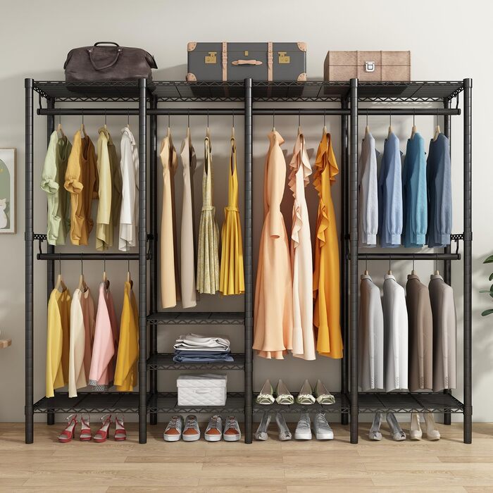KZOBYD Clothes Rack, Coat Rack with 6 Height-Adjustable Shelves, Clothes Rail with 4 Hanging Compartments, Plenty of Space, for Bedroom, Living Room (Black)