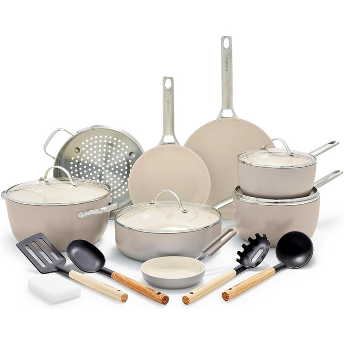 Набір посуду GreenPan Padova з антипригарним покриттям Hartelox, 17 предметів, без PFAS, індукція, безпечний для здоров'я, Taupe