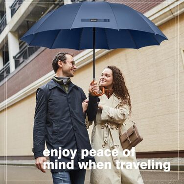Stormproof Umbrella - XL Wooden Handle Rain Stick Umbrella for Men & Women - 12 Ribs, 118cm, Marine Blue