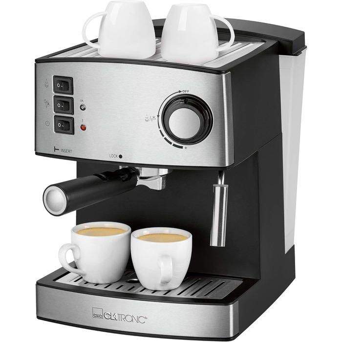 Clatronic® Espresso Machine | Small Coffee Machine | 15 bar Pump Pressure | 1.6 Liter Transparent Water Tank (Removable) | 2 Stainless Steel Nozzles with Frothing and Hot Water Function | 850 Watts | ES 3643