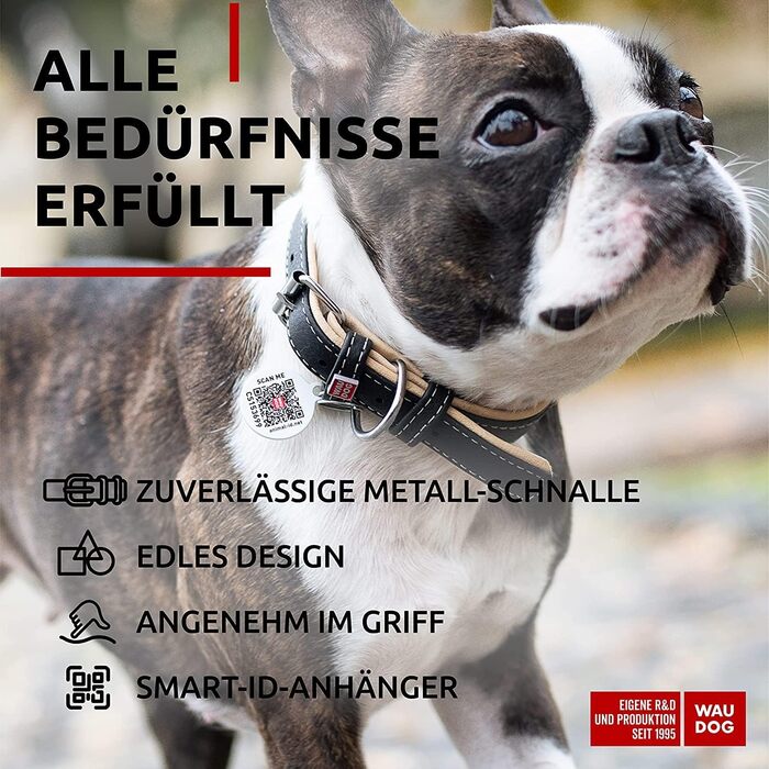 Нашийник для собак WAUDOG: шкіряний нашийник для великих, середніх та маленьких собак, кошенят. Ширина 15-20 мм, довжина 27-36/30-39 см. З цифровою міткою.